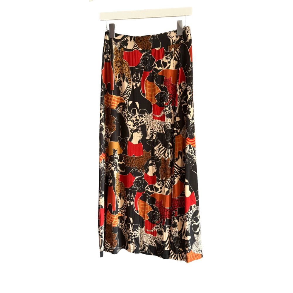 Farm Rio Cats and Dogs Black Maxi Skirt Graphic Animal Print NWT Sz S